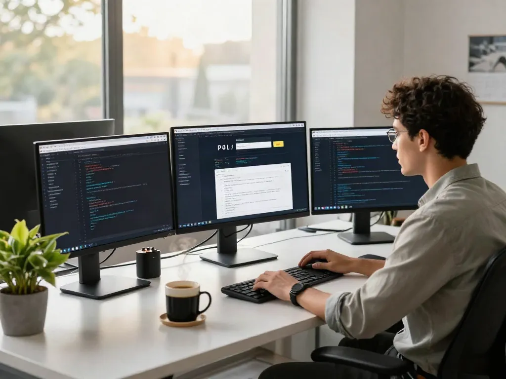 Developer creating innovative sites in a bright digital workspace