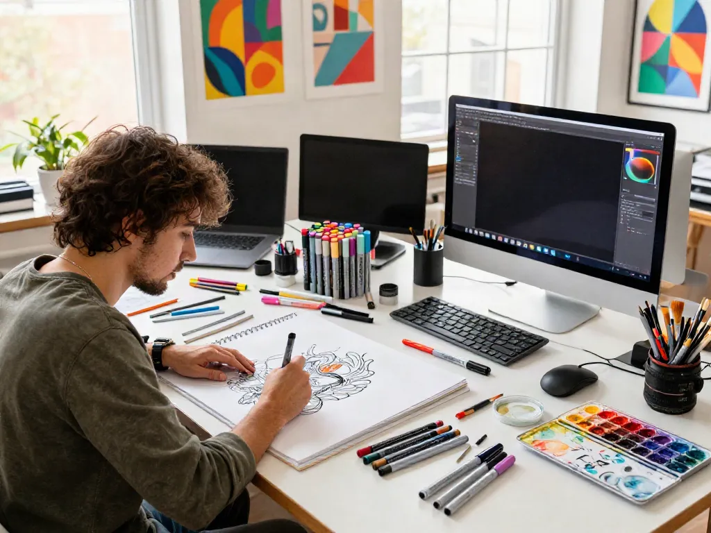 Marker pen supplier showcasing a vibrant artist's studio filled with colorful markers and art supplies.