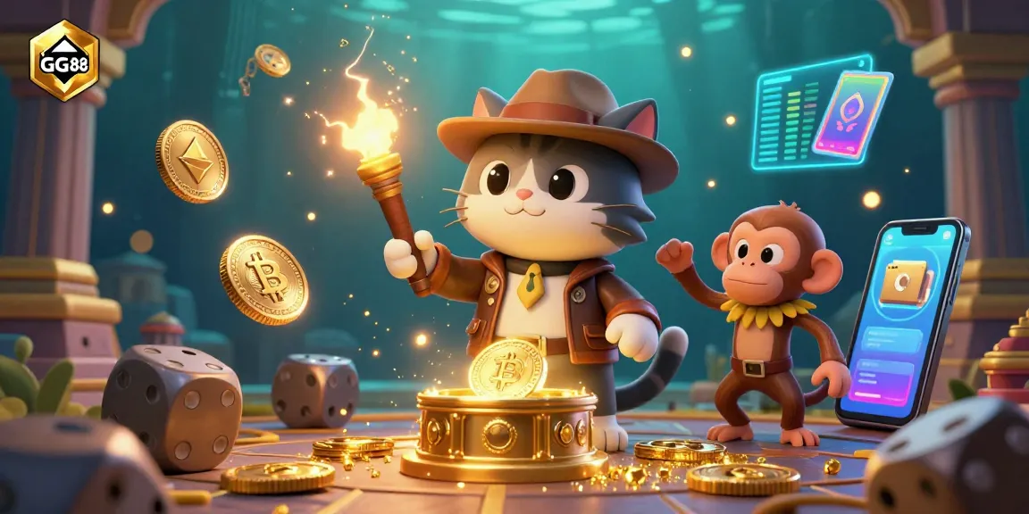 Engage with GG88's exciting casino universe, featuring a cat explorer uncovering treasures alongside crypto elements.