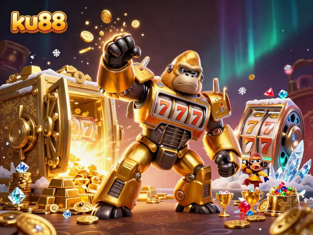 ku88 features a golden gorilla mech celebrating with jackpots and treasures in a vibrant casino scene.