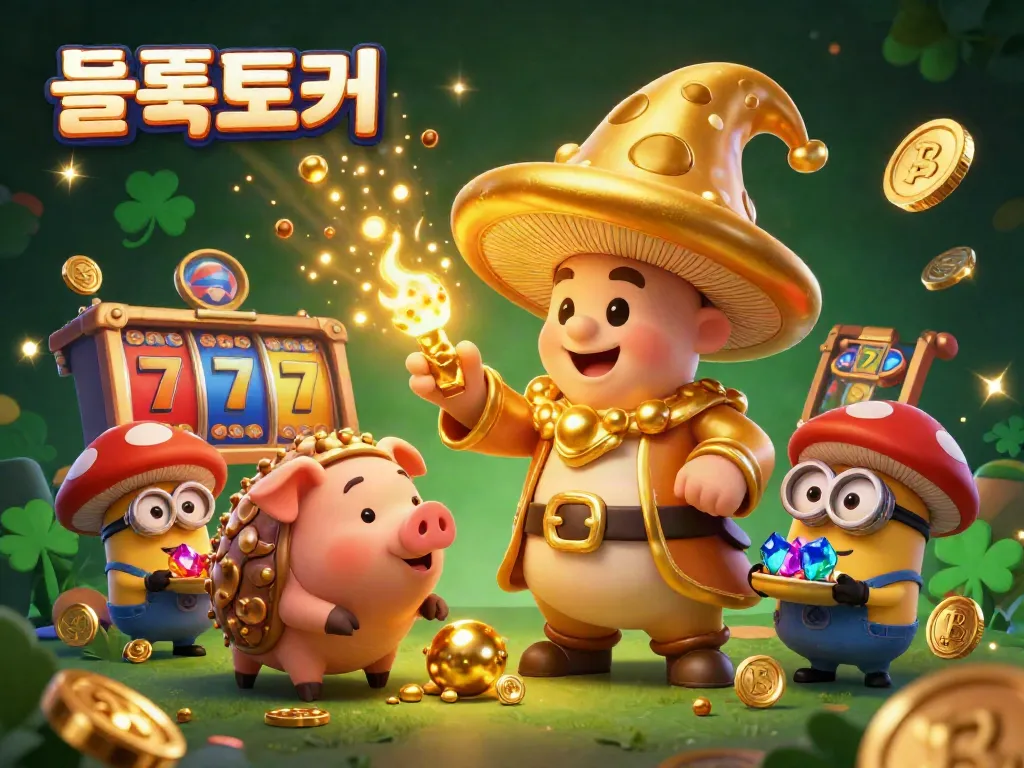 Experience the excitement of 슬롯토커 with a golden mushroom wizard, treasures, and lively casino vibes.