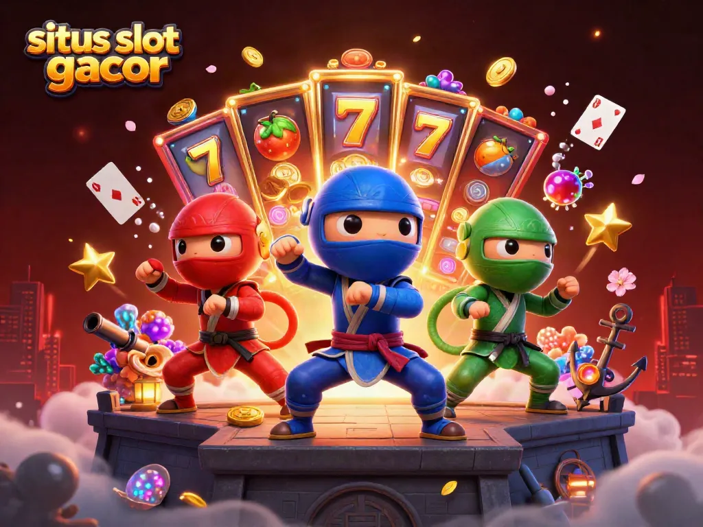 A 3D scene depicting ninja chameleon characters amidst explosive slot reels and coins, illustrating situs slot gacor excitement.