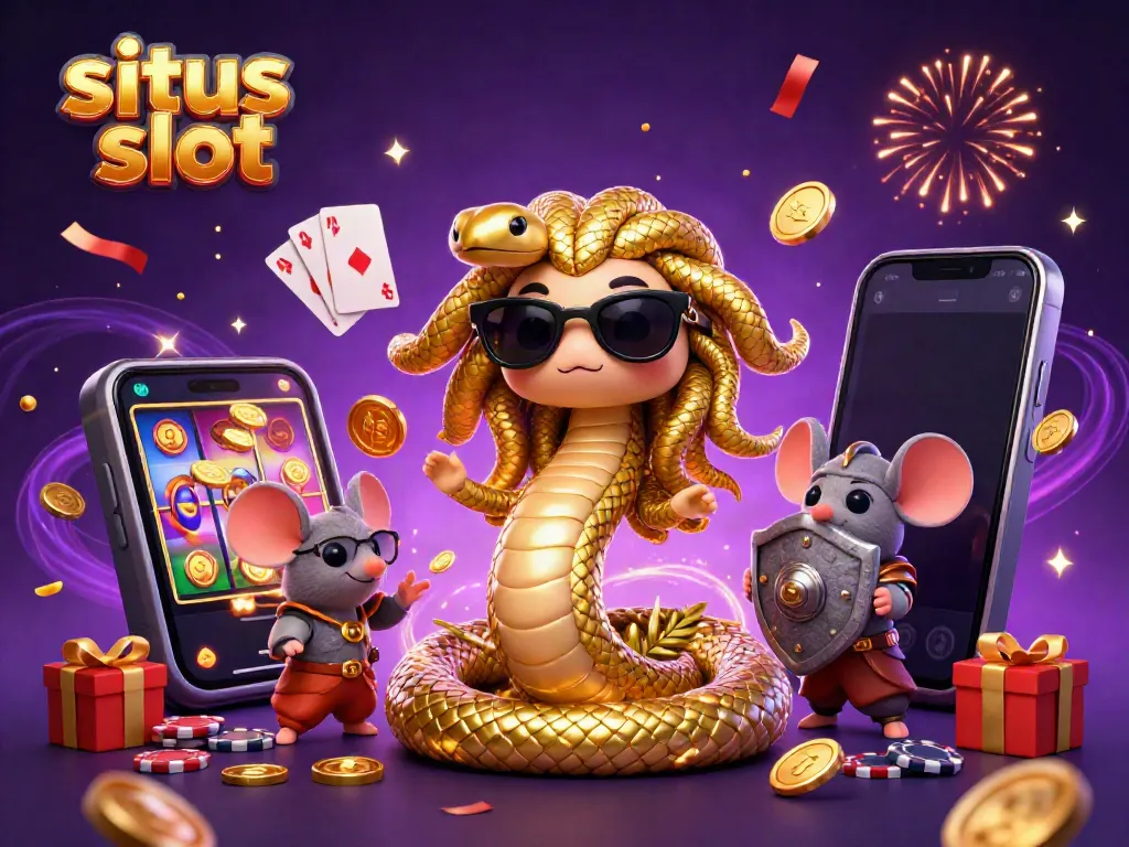 Experience situs slot with Medusa and a warrior mouse in a vibrant casino scene.