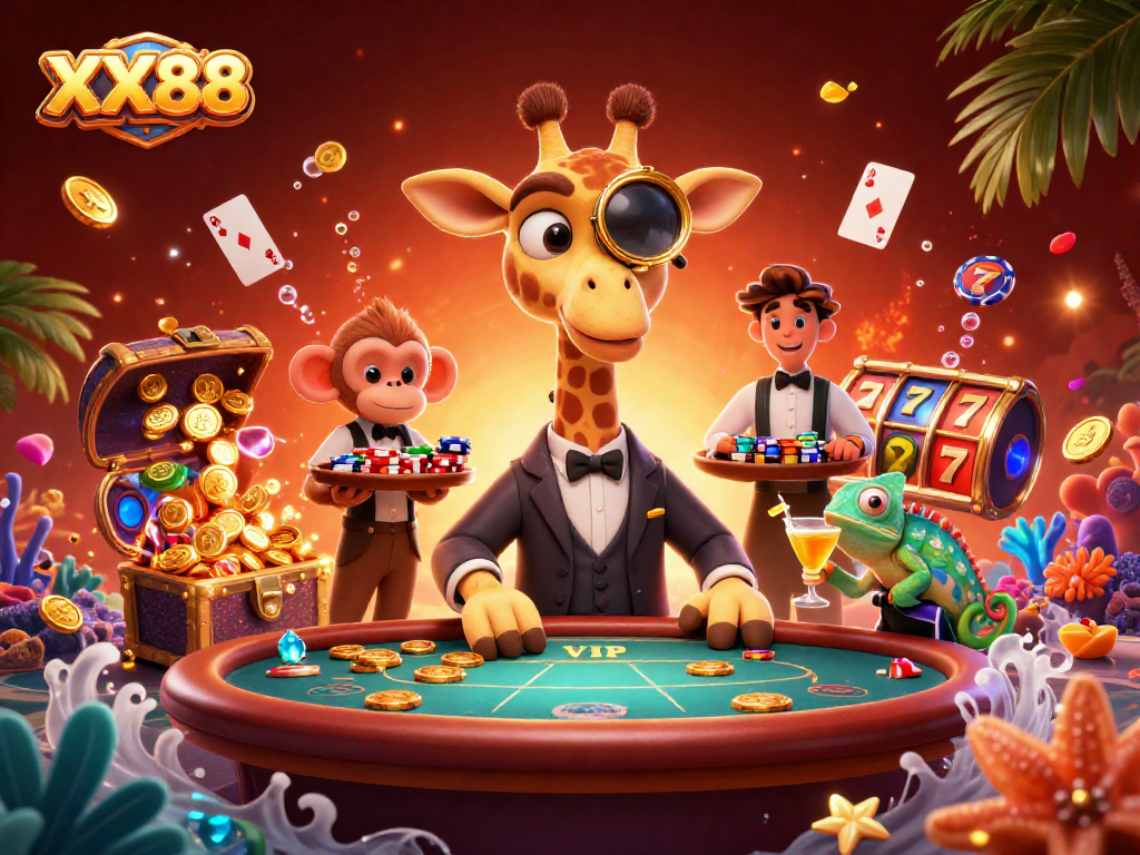 Experience the thrill of winning at XX88 with a vibrant 3D casino scene full of excitement and colorful characters.