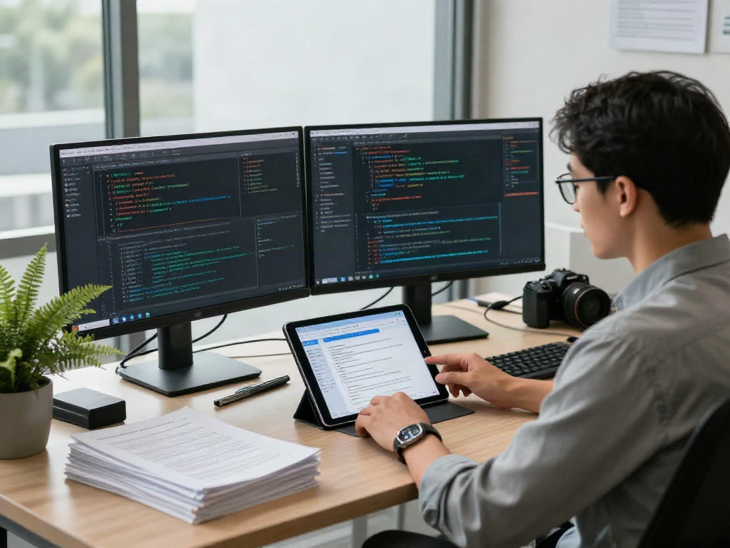 Document fraud detection software in action at a modern workspace with innovative tech displays.