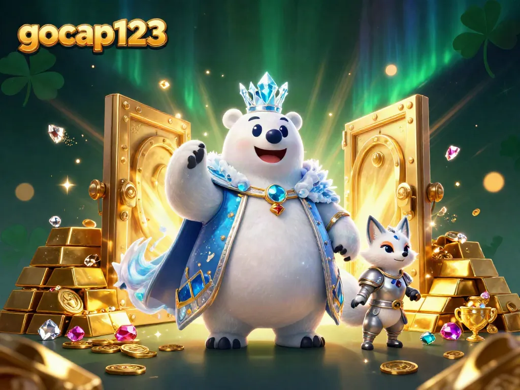 Permainan slot gocap123 dikelilingi oleh karakter beruang es dan rubah salju, dengan tumpukan harta yang bersinar