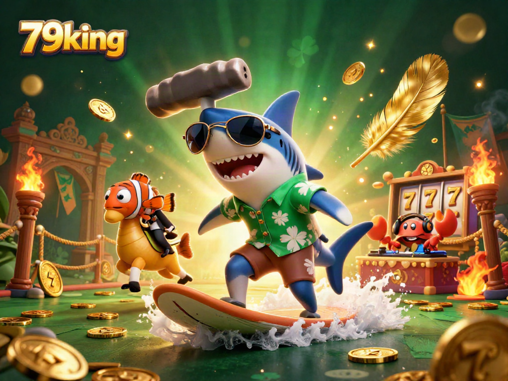 Surfing on gold coins with 79king characters, exploring vibrant casino action and excitement.