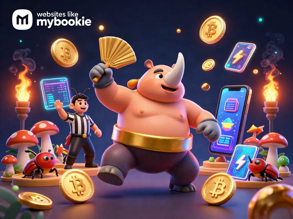 Engage with websites like mybookie as a sumo beetle champion stomps golden coins in a lively casino scene.