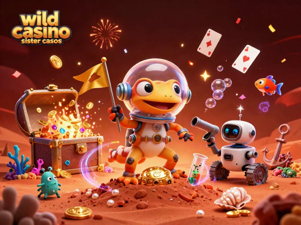 Martian gecko discovers wild casino sister casinos in a golden casino scene with dynamic elements.