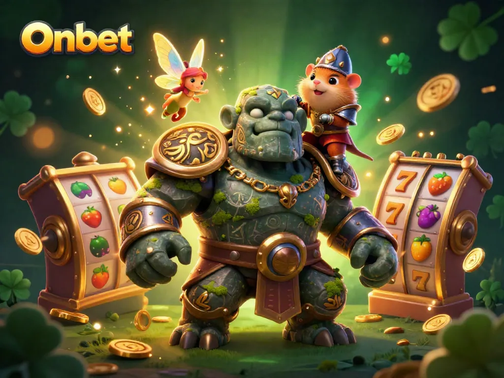 Experience the thrill of Onbet with a dynamic 3D scene featuring a golem, fairy, and hamster knight surrounded by slot reels and golden coins.