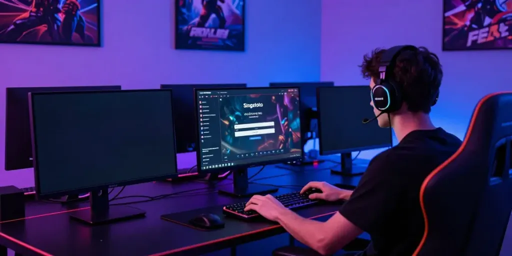Gaming environment with Singatoto login interface, vibrant LED lights, multi-monitor setup.