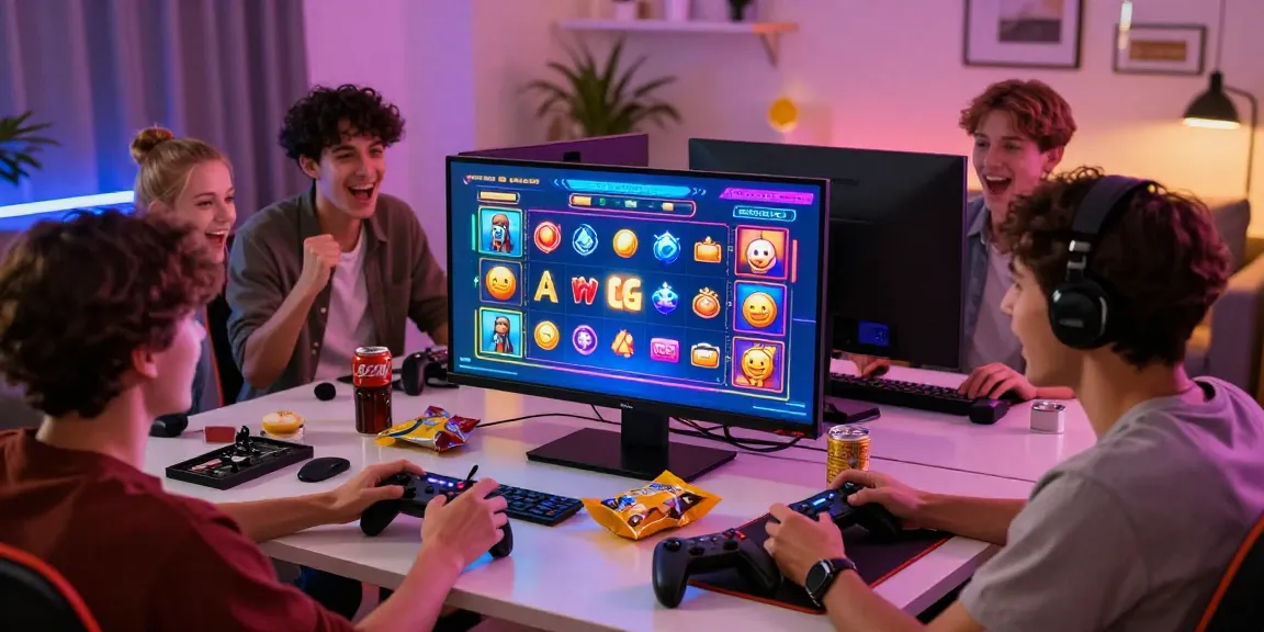 Friends enjoying a night of bandar slot gaming, featuring colorful graphics and enthusiastic cheers.