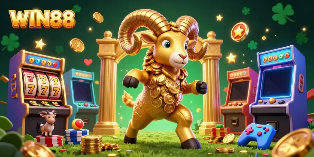 Experience the excitement of WIN88 with the golden ram charging through a vibrant casino scene.