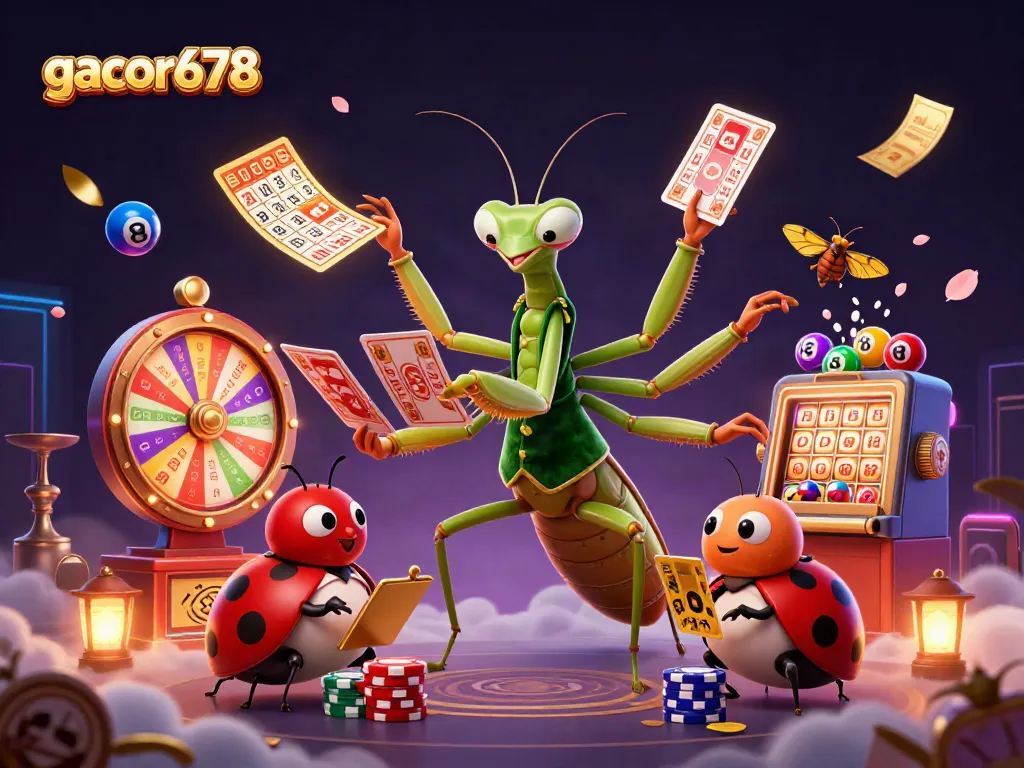 Engage with gacor678's thrilling casino experience as a giant praying mantis deals cards and pours champagne.