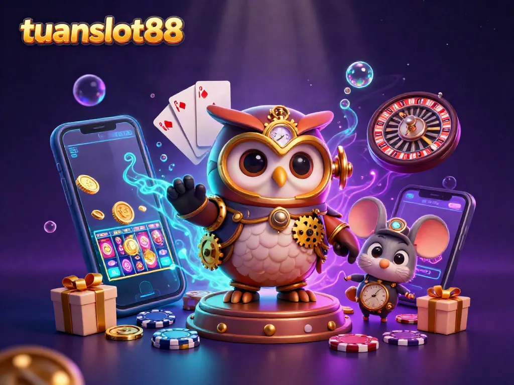 tuanslot88 menampilkan ilustrasi kasino yang penuh warna dengan karakter burung hantu dan mouse, permainan slot cerah, dan koin emas.