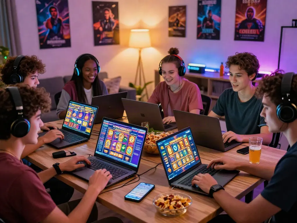 Exciting slot gaming session with friends enjoying various games.