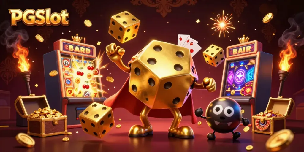 Experience the excitement of PGSlot with a vibrant illustration of dynamic casino characters and elements.
