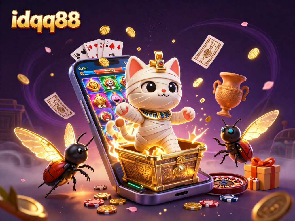 Engage in exciting slots with idqq88 as a cartoon mummy cat bursts from a golden sarcophagus.