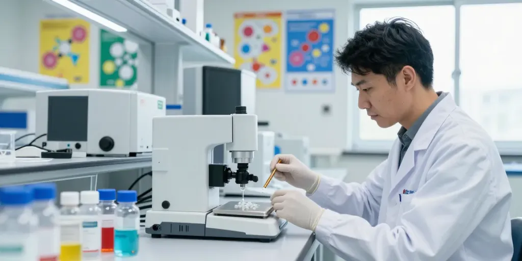 Scientist using peptideprice tool in a modern lab to analyze peptide samples, showcasing precision and research.