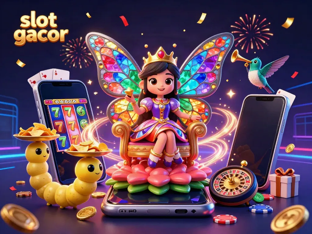 Experience the slot gacor thrill with our vibrant 3D casino scene featuring a butterfly queen and gaming elements.