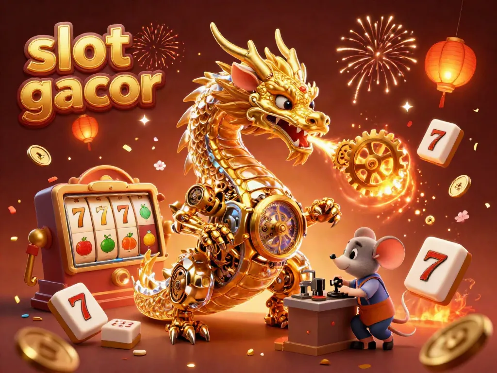 Experience the thrilling moments of slot gacor as the golden dragon breathes gears amidst festive casino elements.