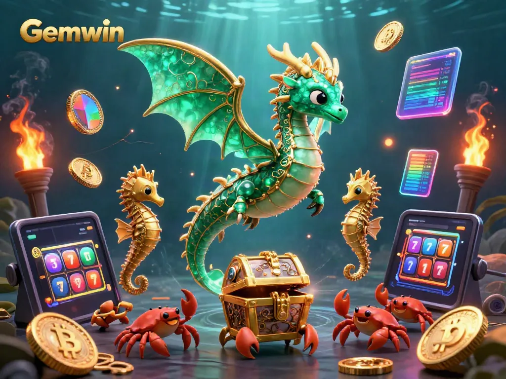Experience Gemwin's thrilling treasure hunt with a cartoon sea dragon, seahorse guards, and vibrant slot game features.