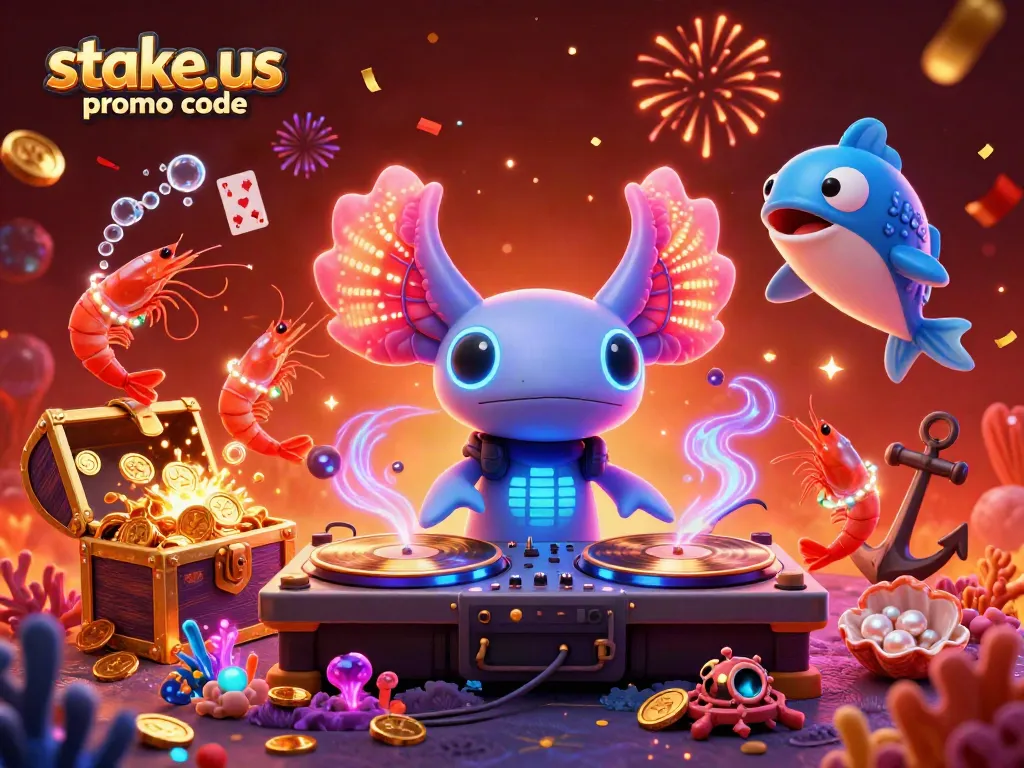 Unlock winnings with stake.us promo code and vibrant casino-themed underwater elements.