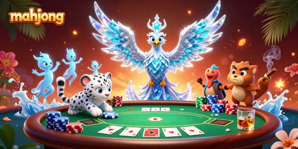 Experience thrilling Mahjong gameplay with a snow leopard cub and a majestic ice phoenix in an exhilarating scene.
