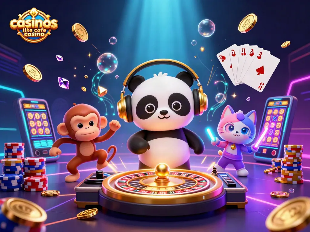 Play exciting games at casinos like Cafe Casino with a vibrant 3D illustration of a DJ panda and friends.