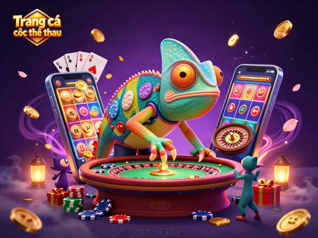 Engage in Trang cá cược thể thao with vibrant chameleon casino owner, golden coins, and dynamic gaming elements.
