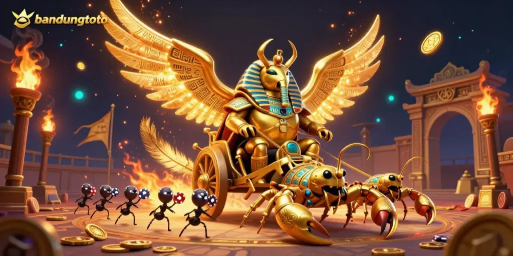 Experience thrilling action with the bandungtoto scarab beetle chariot amidst vibrant casino elements.