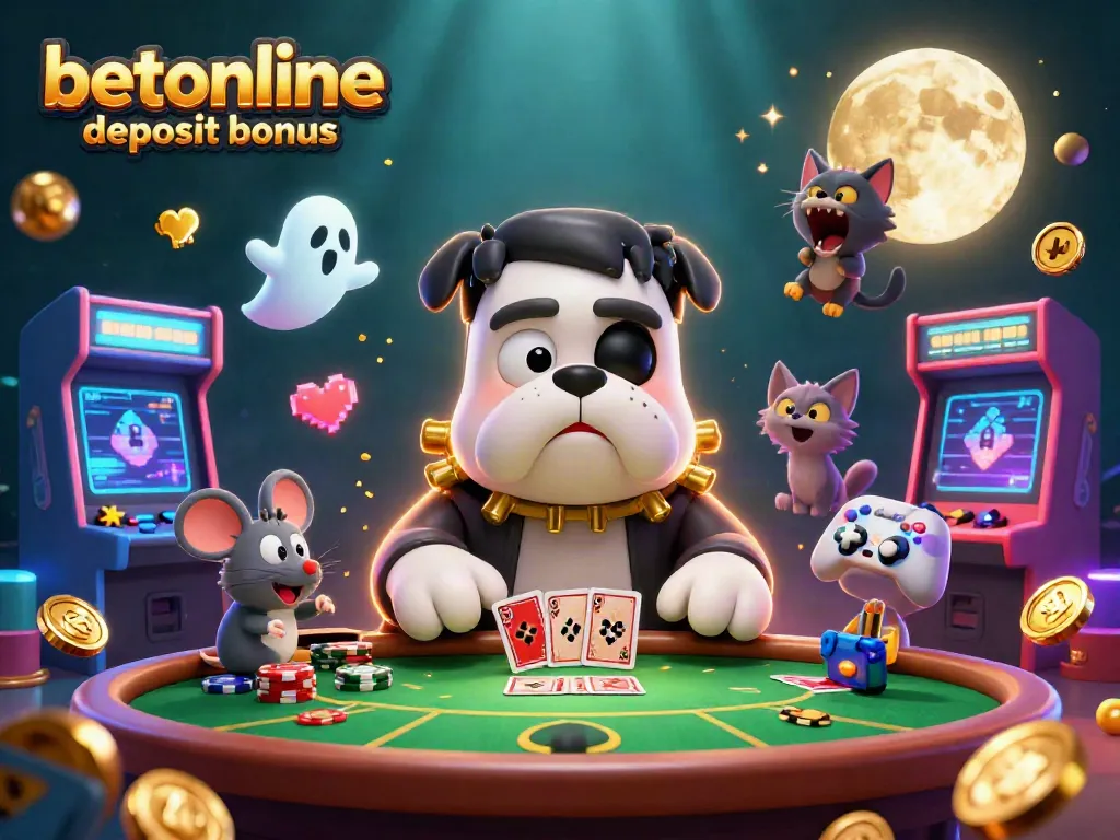 Engage with the exciting betonline deposit bonus while enjoying a vivid illustration of a Frankenstein bulldog at a poker table.