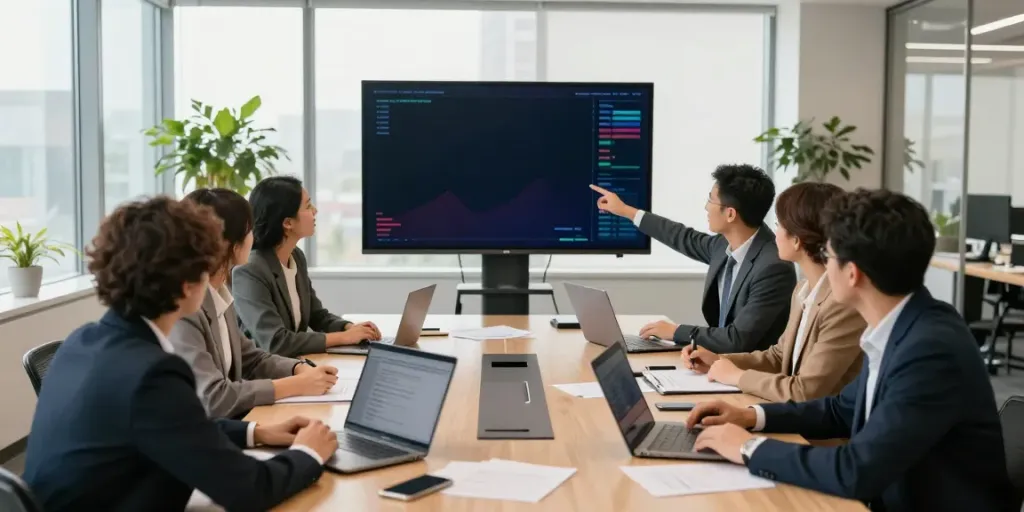 Team discussing business accounting services in a modern office environment, showcasing collaboration and productivity.