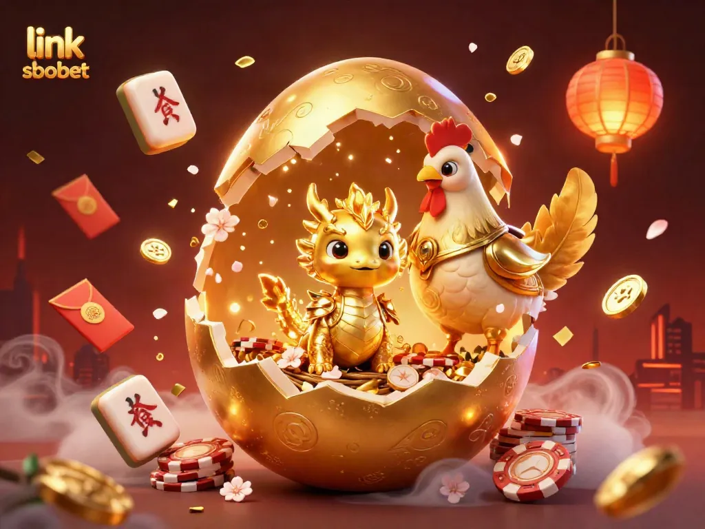 Join the excitement at link sbobet with a golden baby dragon emerging from a cracked egg amid vibrant casino-themed elements.