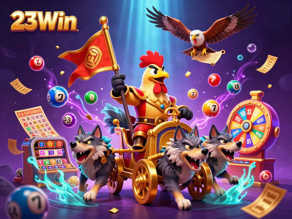 Experience gaming excitement with 23Win's colorful lottery activities amidst vibrant gaming elements.