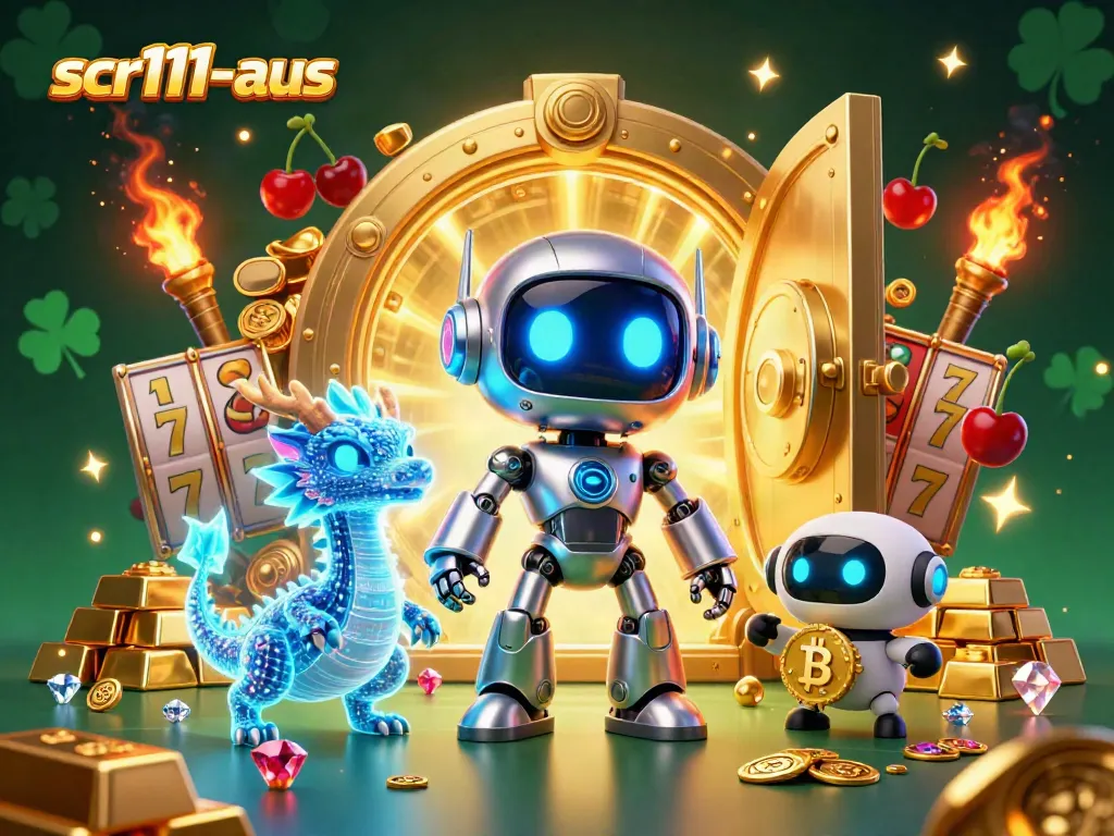 Join the action at scr111-aus with vibrant 3D illustrations featuring online slots and golden treasures.