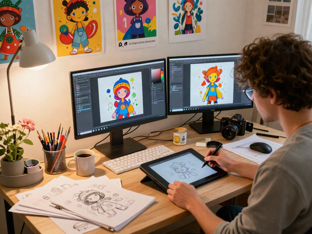 Artist illustrating character ai nsfw concepts in a vibrant digital studio
