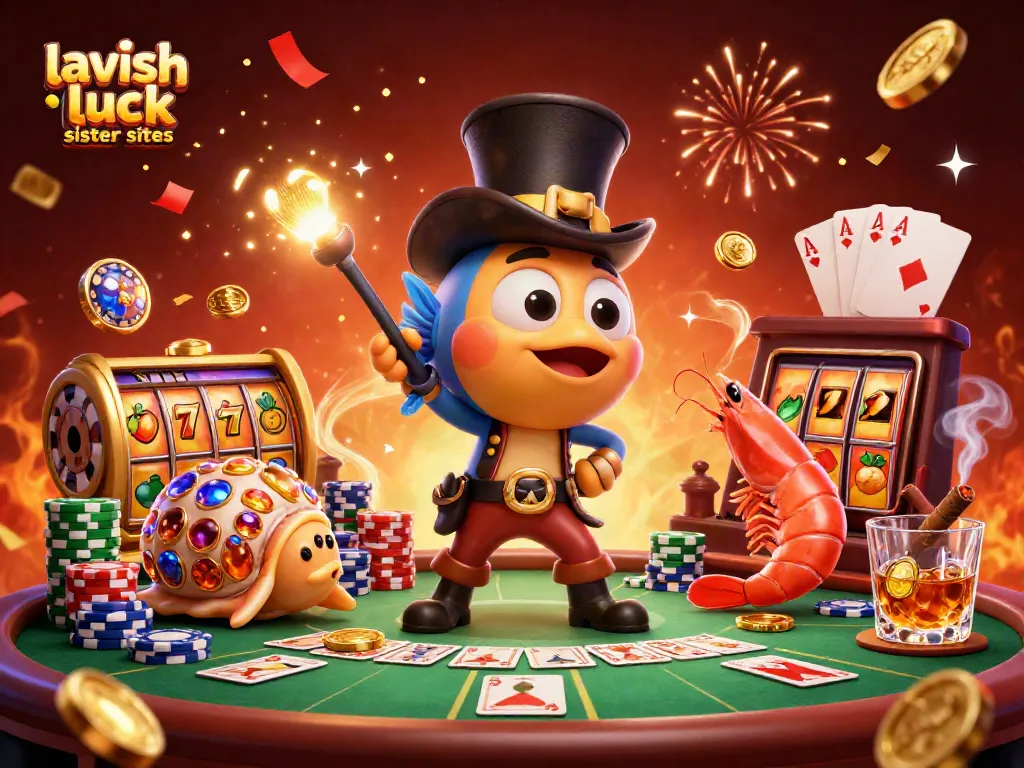 Exciting casino excitement at lavish luck sister sites with vibrant characters, poker and slot elements.