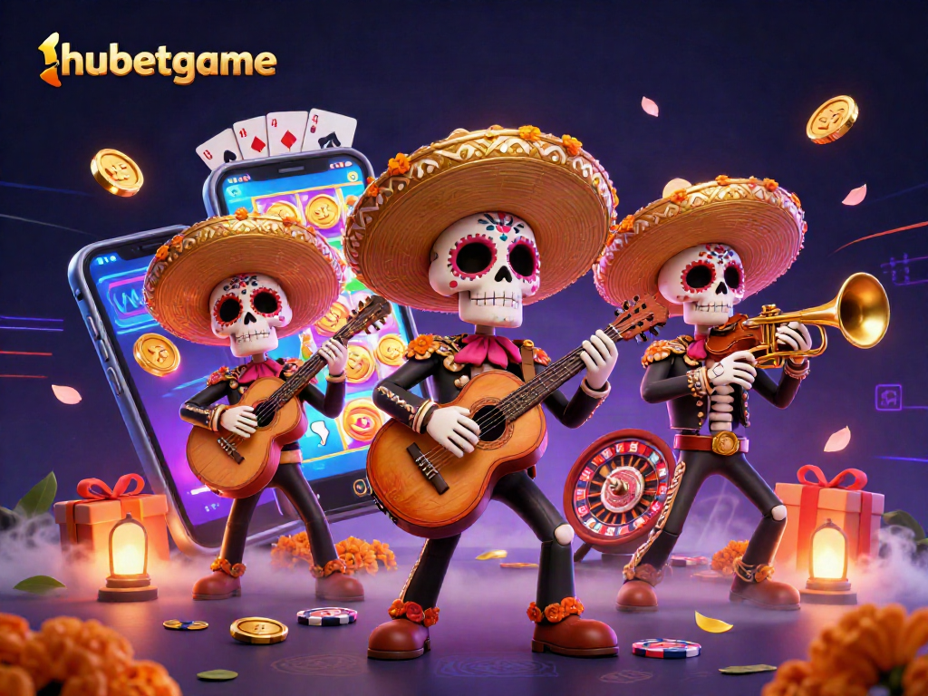 hubetgame showcases a vibrant 3D illustration of a mariachi band amidst dynamic casino elements.