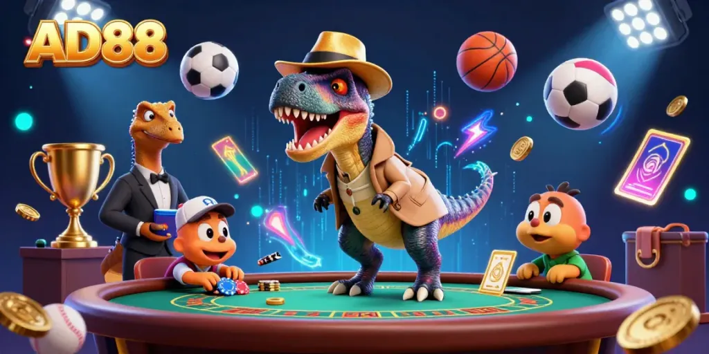 Experience thrilling gameplay at AD88 with a velociraptor card counter, stegosaurus pit boss, and dynamic sports elements.