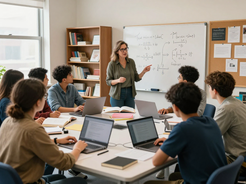 Group of students learning from the best tutors in a vibrant study environment with educational resources.