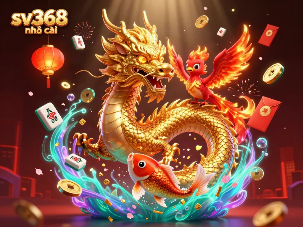 Experience the excitement at sv368 nhà cái with a captivating scene featuring a golden dragon, phoenix, and koi fish.