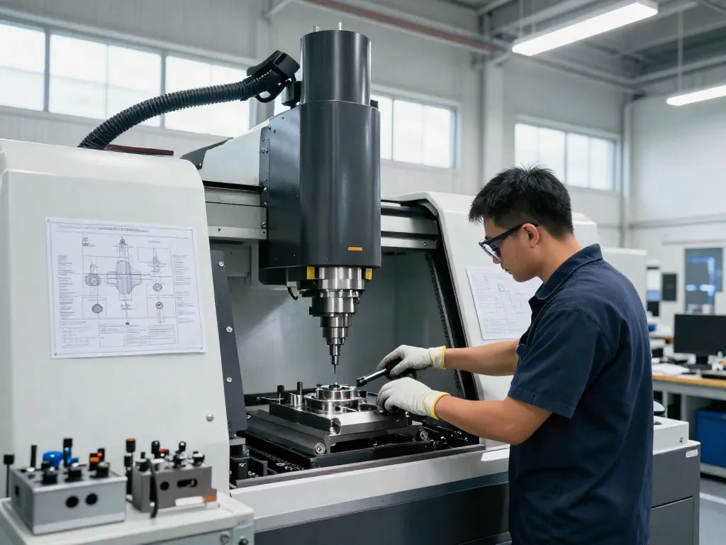 Leading aerospace CNC parts manufacturers in a machining workshop with precision equipment and skilled professionals.