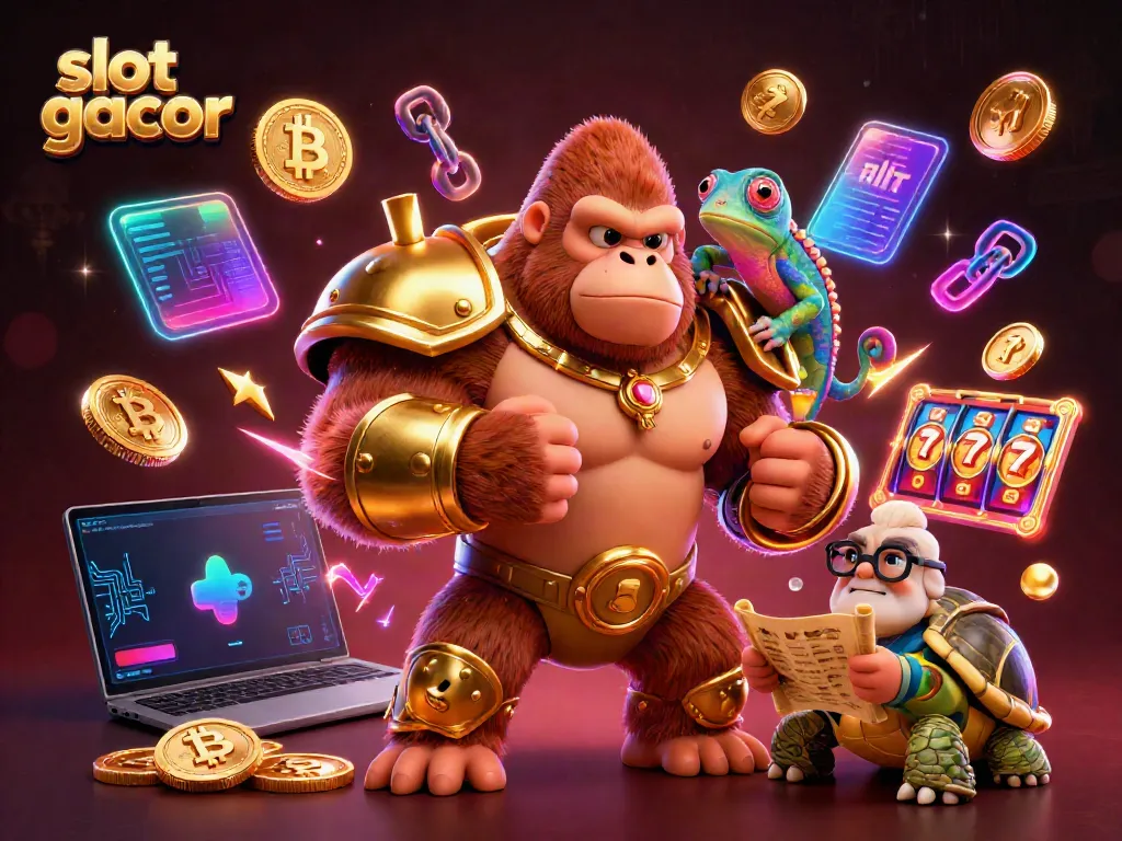 Experience the excitement of slot gacor with a dynamic 3D illustration featuring vibrant characters and casino elements.