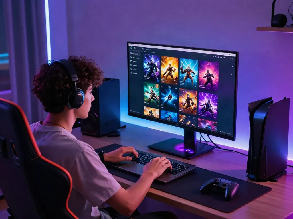 User exploring luxury12 link gaming platform on laptop, surrounded by modern gaming accessories in stylish home setup.