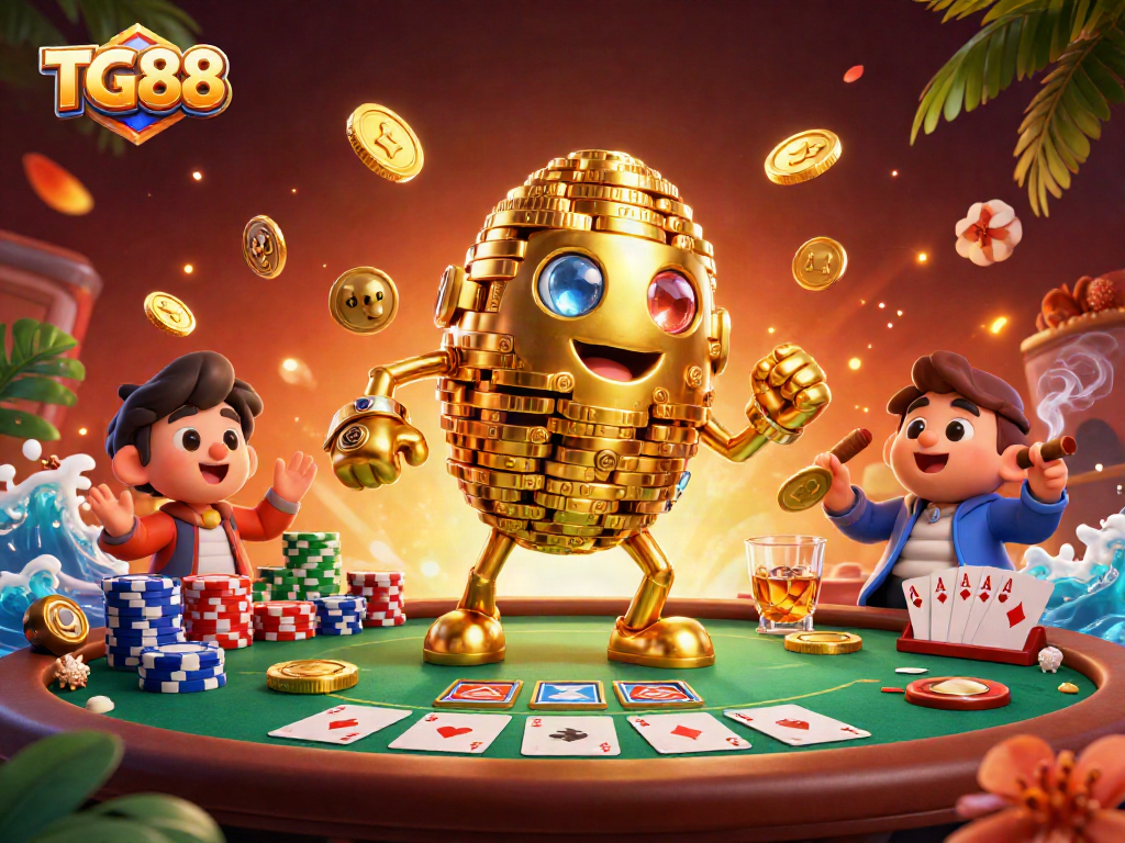 Win big with TG88 in this 3D illustration showcasing vibrant casino elements and the golden golem.