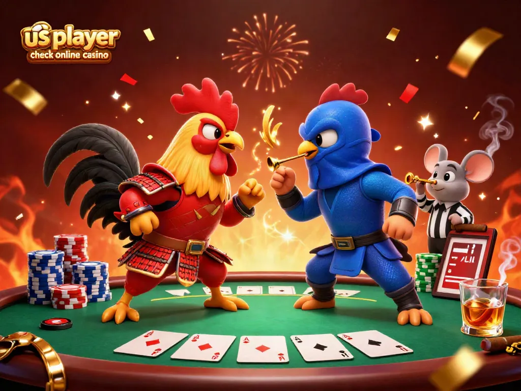 Engage with the live-action dynamic scene showcasing the us player check online casino, featuring animated roosters and vibrant poker gameplay.
