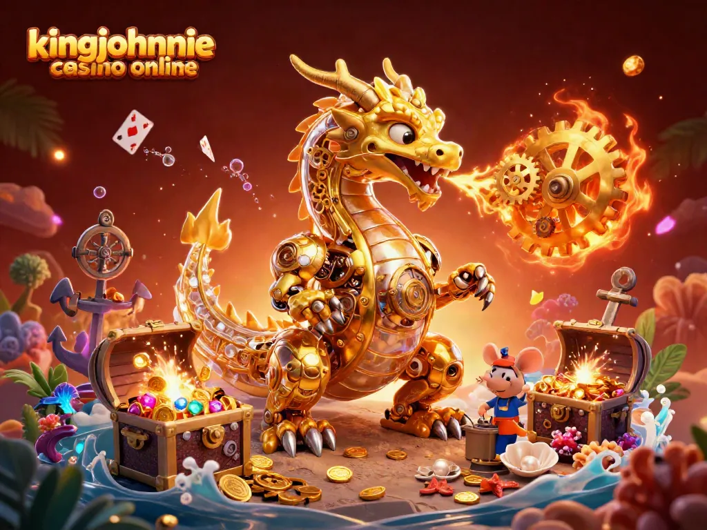 Experience the thrill of kingjohnnie casino online with a vibrant 3D illustration featuring a golden dragon and treasure.