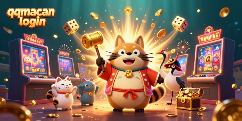 Engage with thrilling casino action through the vibrant qqmacan login illustration showcasing joyful characters and dynamic game elements.