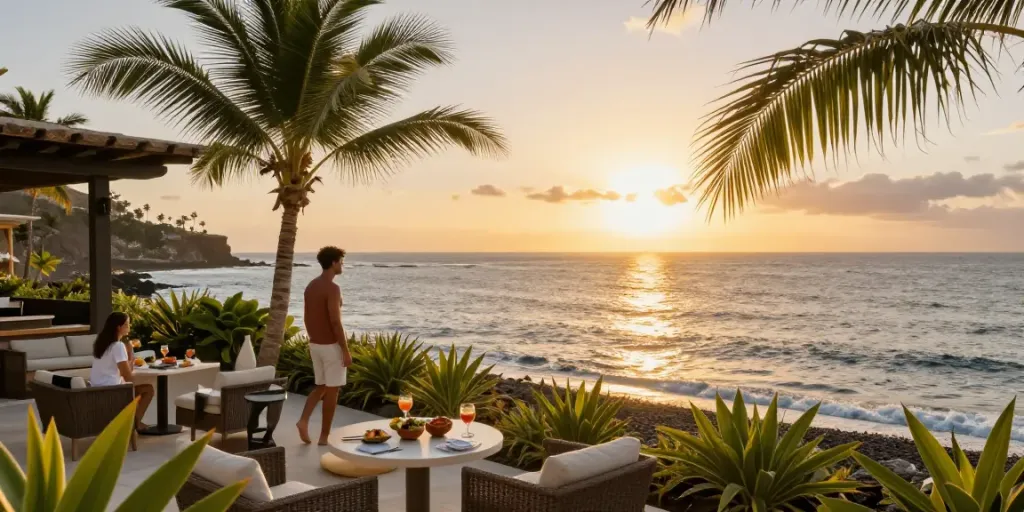 Couple enjoying luxury villa ambiance in the Canary Islands with ocean view.